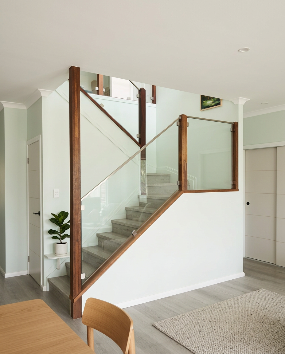 Timber & Glass Stair — Framed glass balustrade · Spotted gum posts · Stair infill
