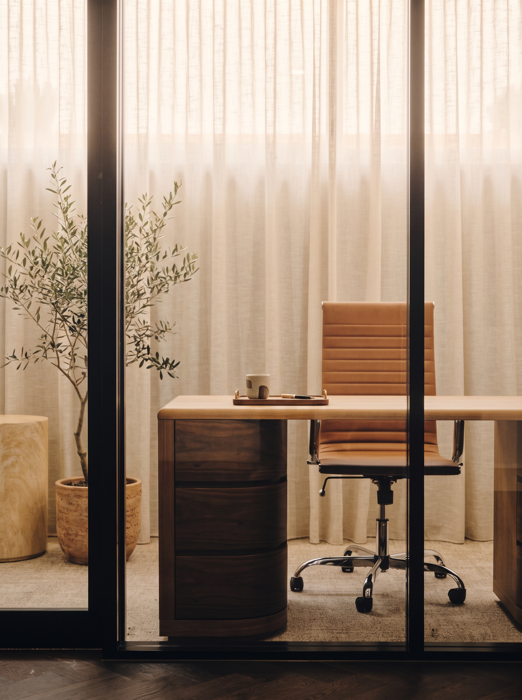 Study in Light — Frameless partition · Bespoke pivot door