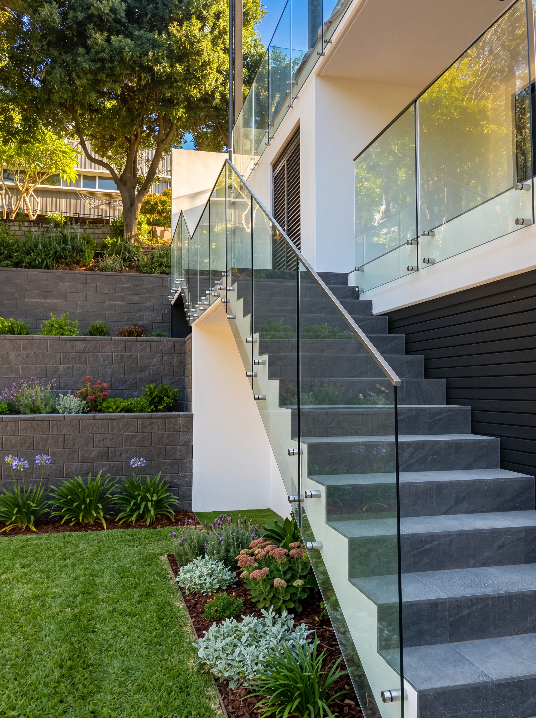 Terraced Entry Balustrade — Frameless balustrade · Stainless spigots · Continuous handrail