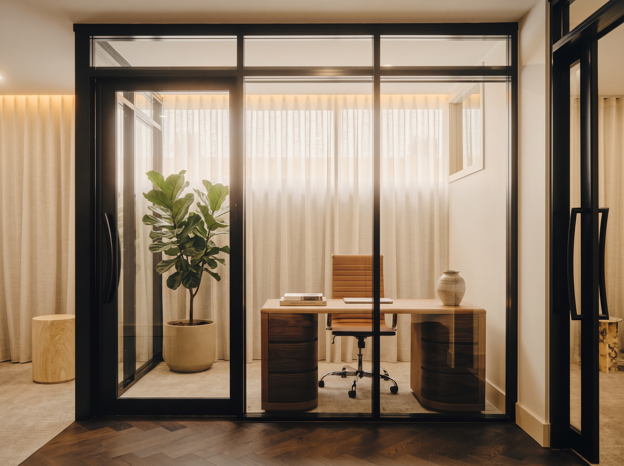 The Glass Pavilion — Framed glass pod · Sliding entry · Acoustic glazing